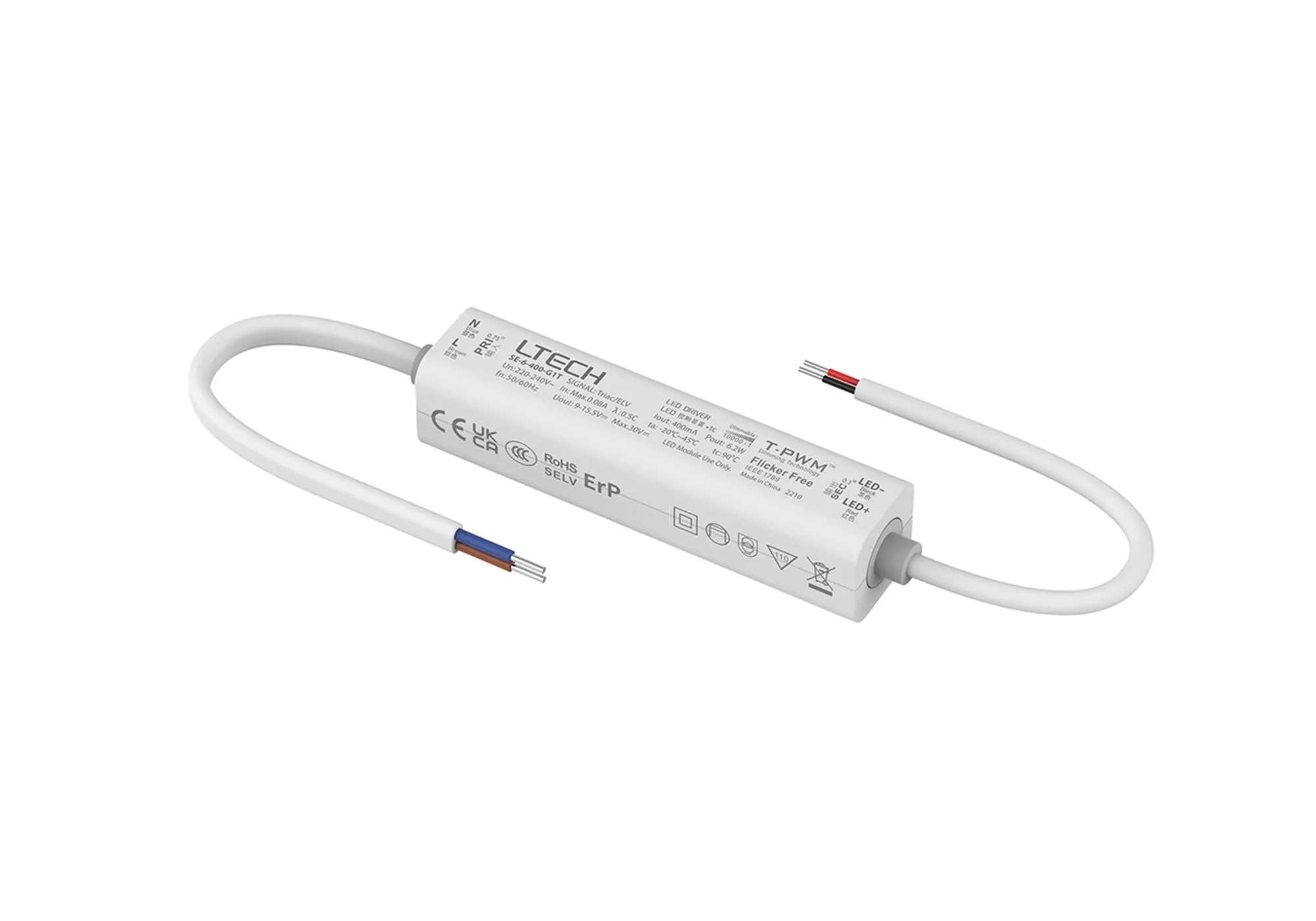 Triac/ELV, PWM,6W, C. Current Dimmable Driver, 400mA, DC:9-42Vdc, EFF>70%, IP20.